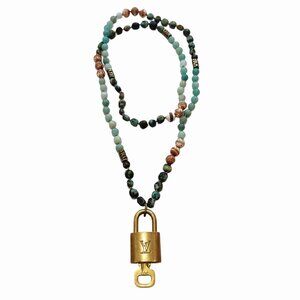 Louis Vuitton Gold Padlock with Key Blue Earth Tone Beaded Statement Necklace